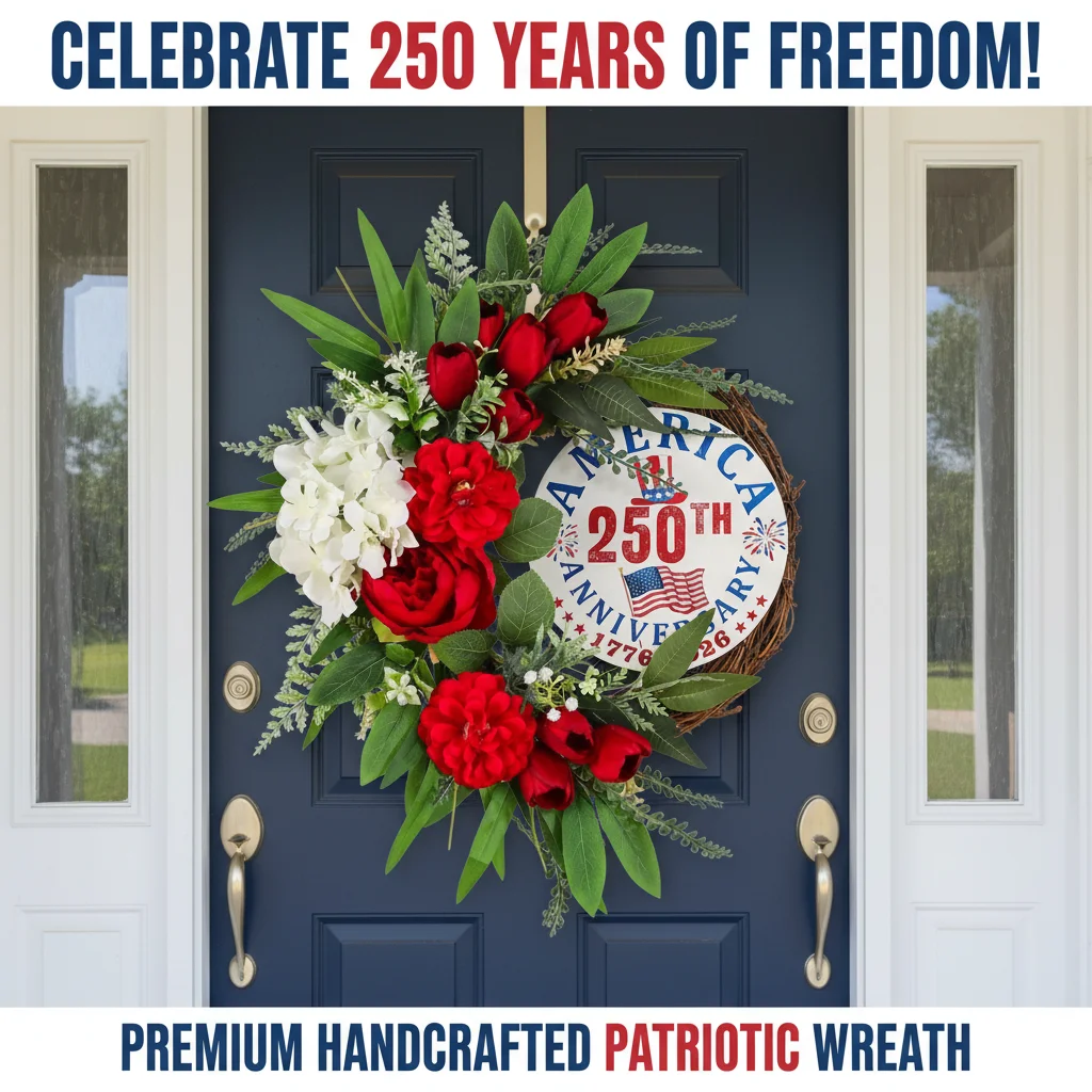 

250th Anniversary Independence Day Wreath Wooden Round Door Sign Patriotic Floral Hanging Decor For Front Door Porch Wall