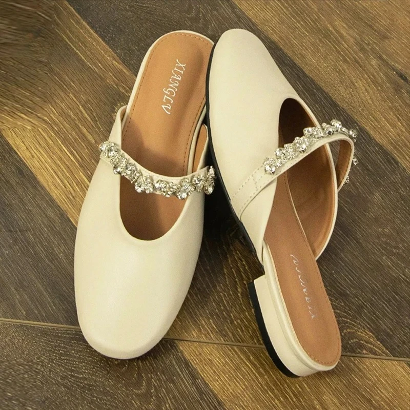 sandalias de mujer True Soft Leather Head Cover Sandals for Women Outdoor Wear 2026 New Thick Heel Mid Heel Pearl Semi-Slip-On view 2