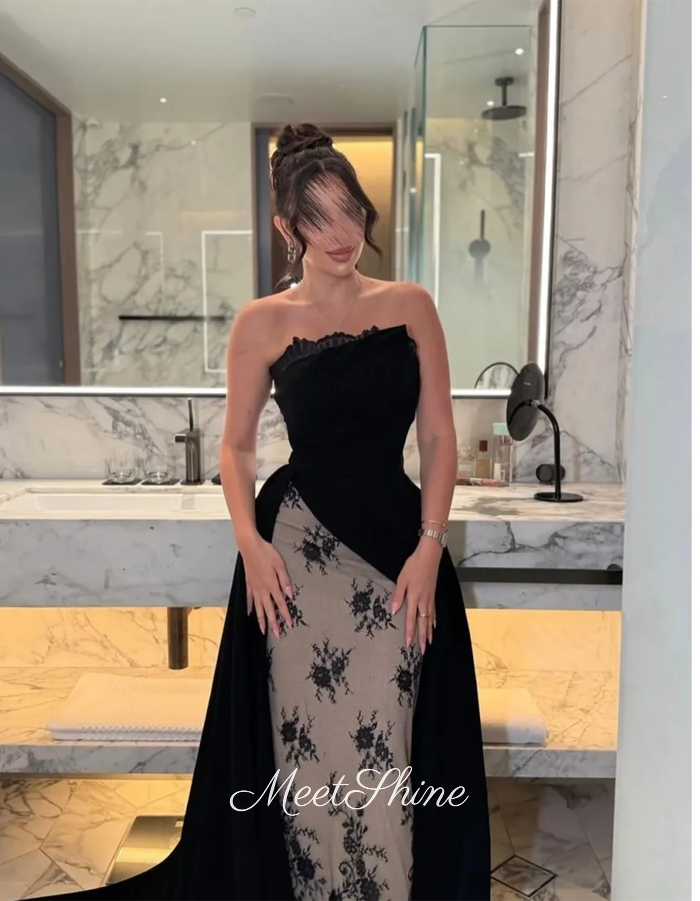 Vestidos de Noche rectos de encaje sin tirantes, color negro, elegante, de lujo, tren de barrido de Arabia Saudita, vestido Formal de fiesta de boda personalizado