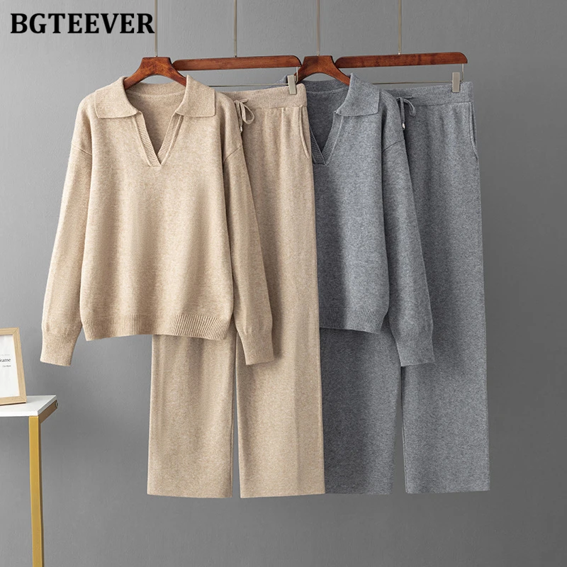 BGTEEVER Stylish Warm Loose Women 2 Pieces Solid Sweater Set Long Sleeve Lapel Knitted Tops & Drawstring Wide Leg Trousers