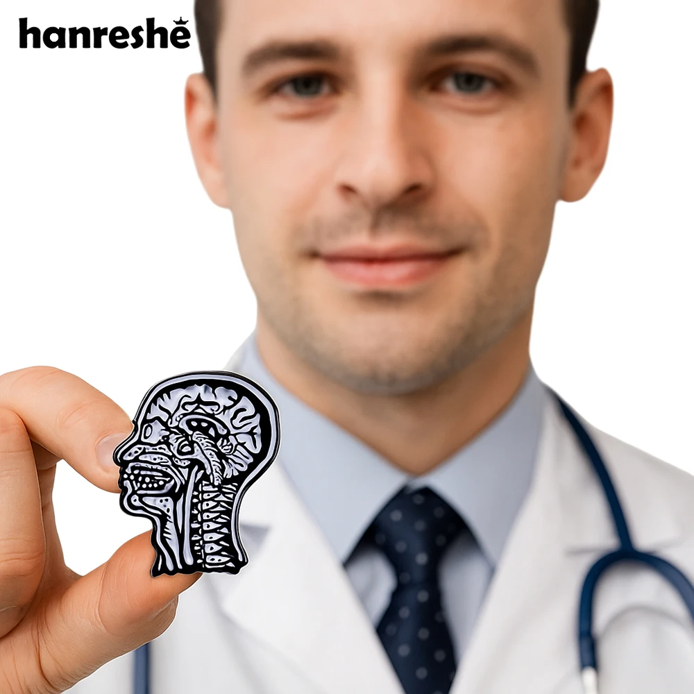 Hanreshe التشريح الطبي الجمجمة المينا دبوس الأشعة الأشعة السينية الدماغ شارة بدبوس للطبيب والممرضات عالم الأحياء مجوهرات هدايا #1