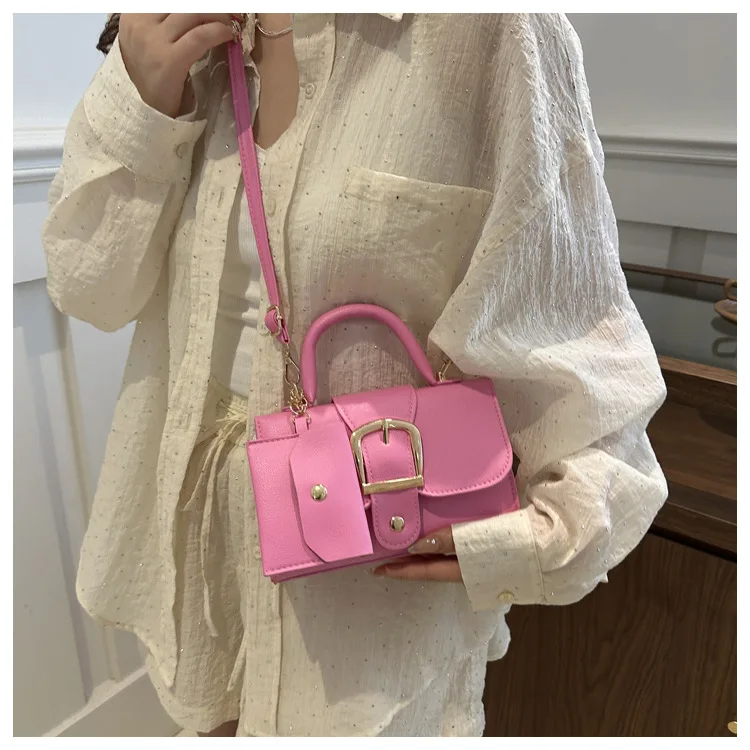 Barbie Pink Mini PU Leather Handbag Women Metal Buckle Top Handle Crossbody Bag Detachable Strap Small Shoulder Purse Y2K Daily