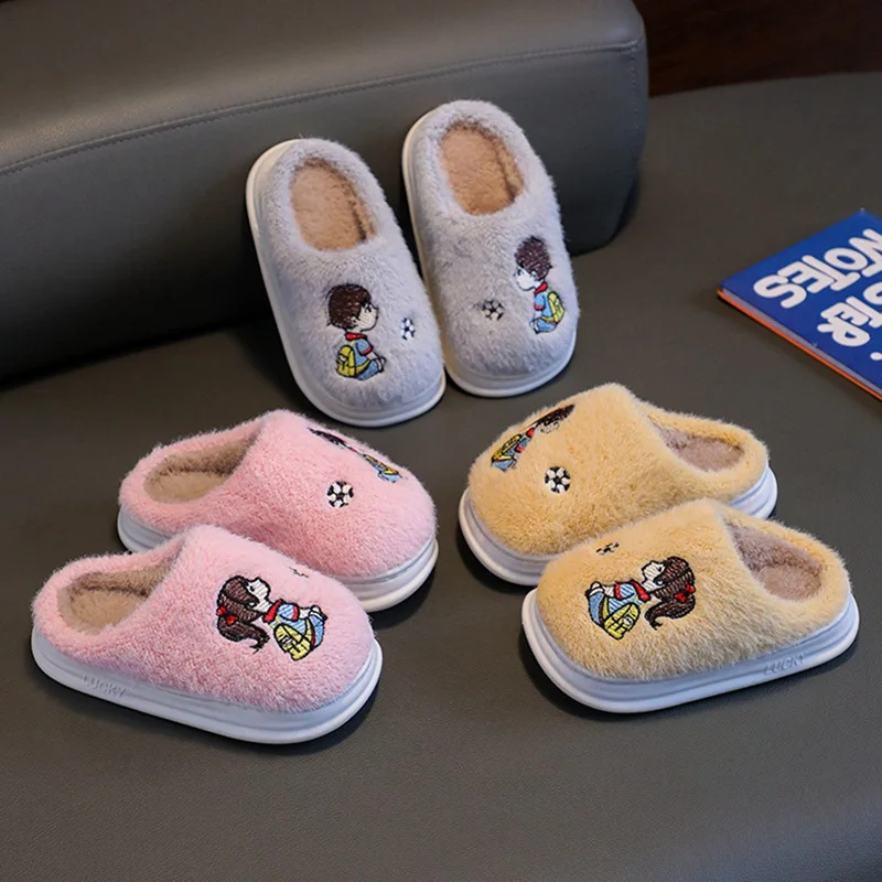 Winter Cotton Children Slippers Cute Warm Plush Anti-Slip Thick Sole Home Shoes Funny Cartoon Fuzzy Slippers Boy Girl Flat Shoes