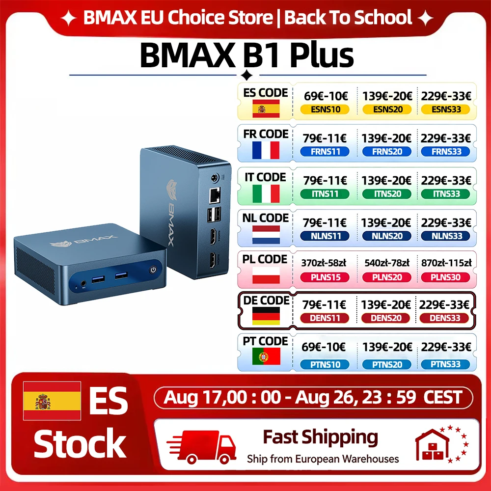 BMAX B1 Plus Windows 11 PC Intel J3355 6GB RAM 128GB ROM HDMI USB Wi-Fi Unterstützt 4K@60Hz Intel HD Graphics 500 Mini-PC