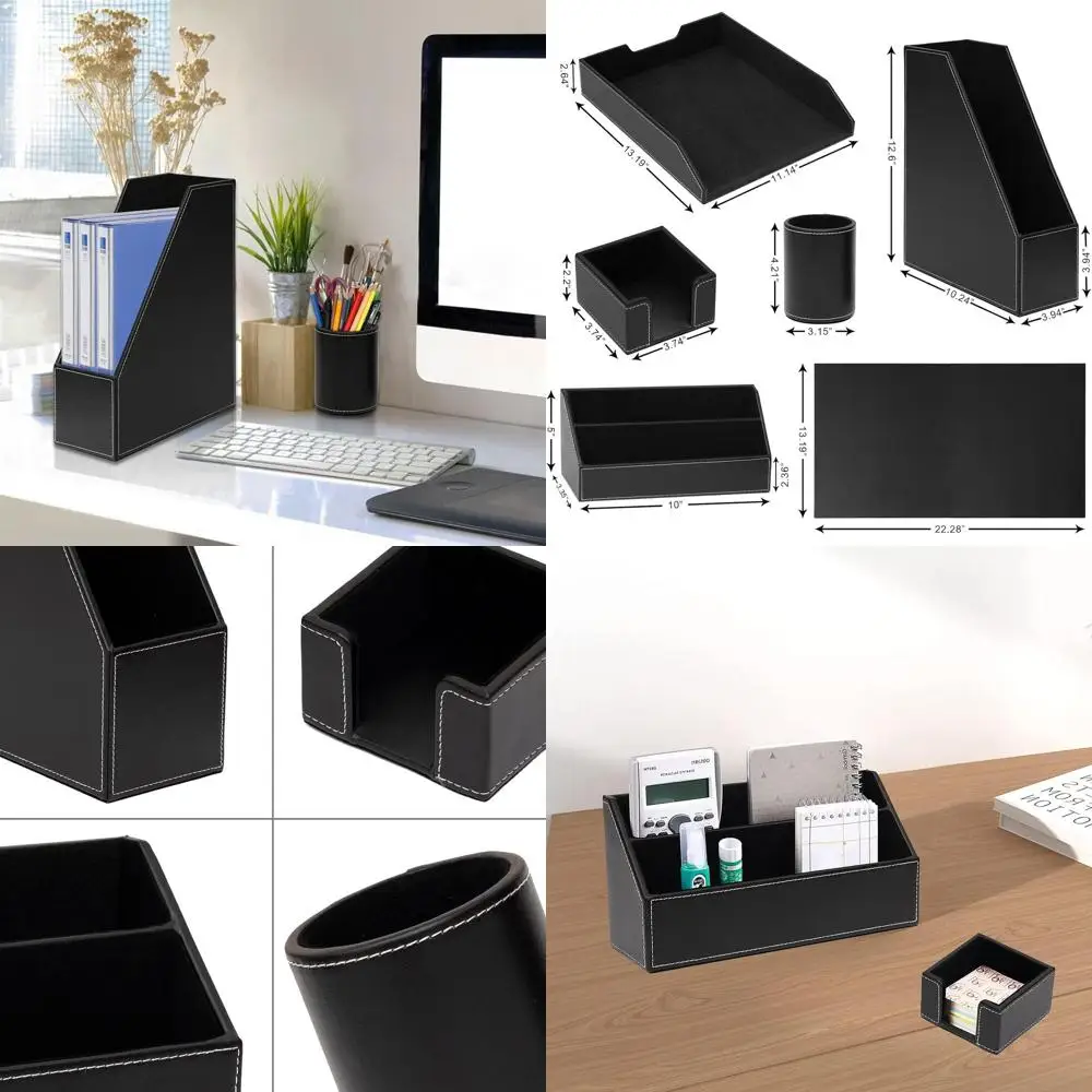 

Набор настольных органайзеров из 6 предметов: кожаный блокнот для письма, лоток для файлов, подставка для журналов, чашка для ручек, подставка для липких заметок, сортировщик почты — черный