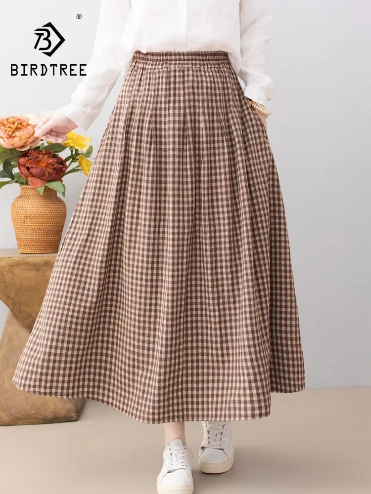 New 2026 Autumn Women Cotton Linen Skirt, Elastic Waist Plaid, Mori Girl Preppy Style Comfortable Loose A-line Skirt B68784CC