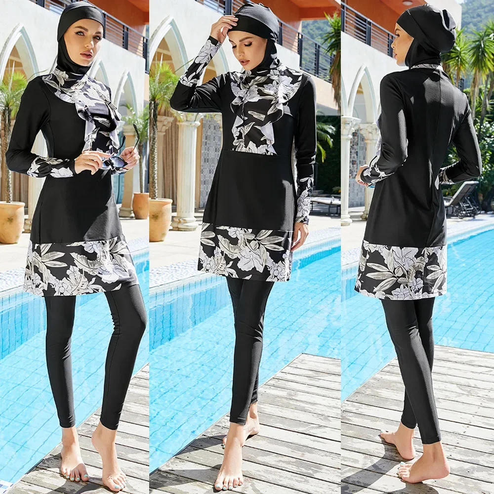 3-teiliges bescheidenes Druck-Hijab-Badeanzug-Set für Damen mit langen Ärmeln, vollständiger Abdeckung, islamische arabische Strandmode, Burkinis-Badekostüme