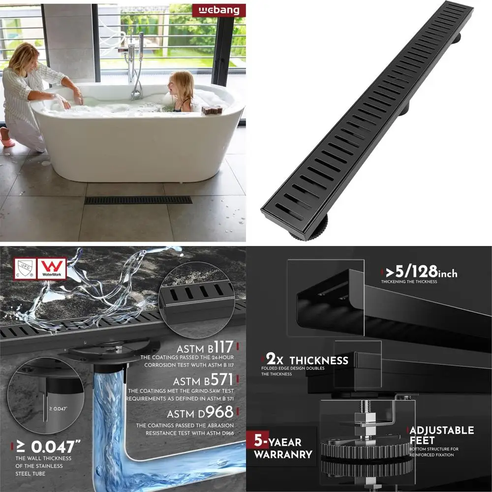 Desagüe de Ducha Lineal Negro Mate de 28 Pulgadas con Rejilla de Acero Inoxidable Extraíble y Accesorios