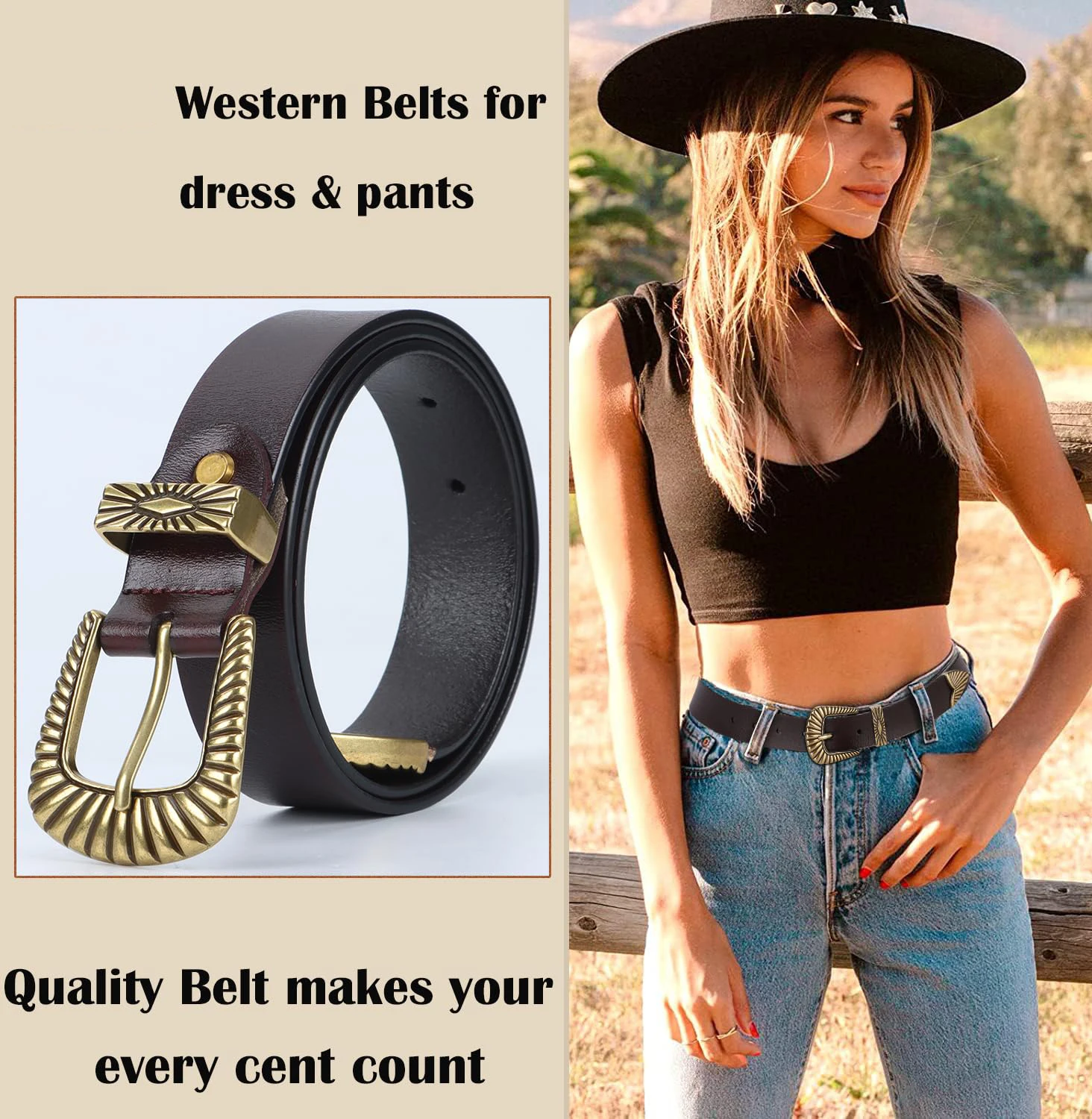 

Trendy Women's Wide Belts Silver/Gold Buckle Belts Genuine Leather Black Western Belts Jeans Pants Waistband for Women and Men