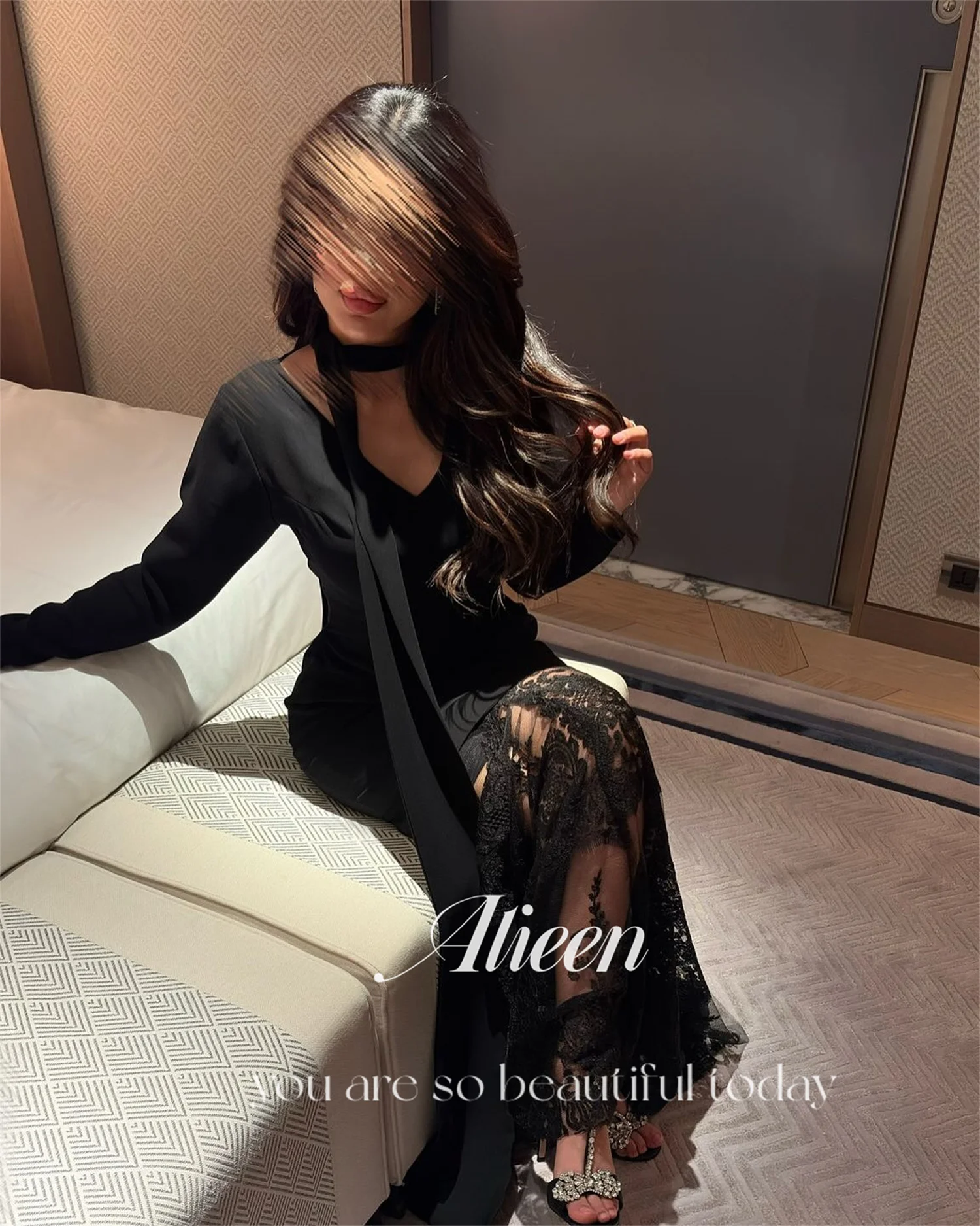 Aileen Zwarte Luxe Avondjurken voor Dames 2025, Luxe Aangepast فسات Mohamed 1914 Kant Vestidos De Festa Lange Mouwen Jurk Gala