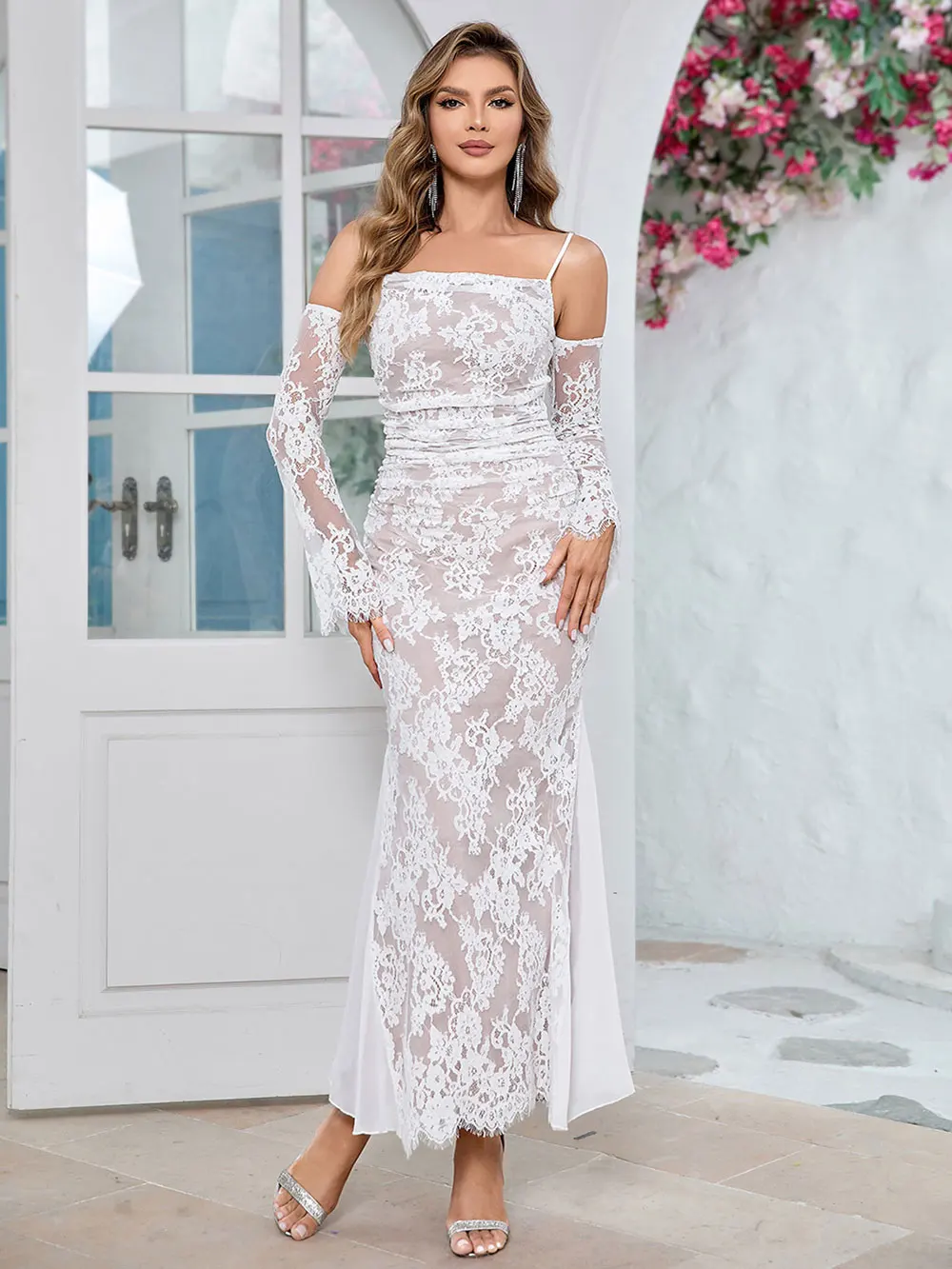 2024 Sexy Women's Parcel Lace Long Dress Spaghetti Strap Shoulder Card Long Sleeve Bodycon Off Back Fishtail Dress Party Vestido