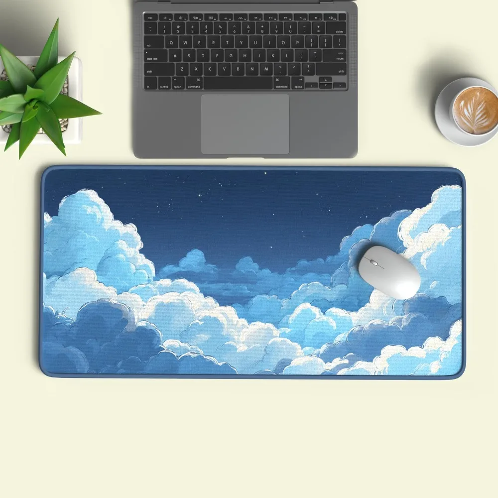 Cute Blue and White Clouds Desk Mat Puffy Kawaii Aesthetic Deskmat Anime Giant Mousepad Desk Pad for Home Office desk mat