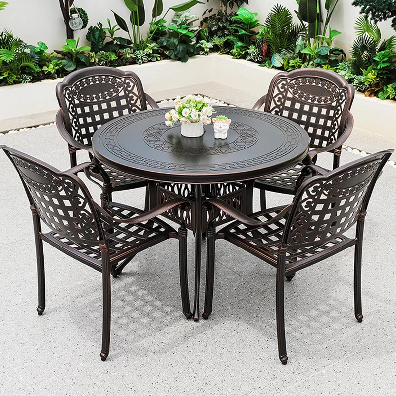 تصنيع طاولة وكرسي خارجي أوروبي للمنزل في الهواء الطلق من الألومنيوم المصبوب حديقة فناء طاولة شواء أثاث طاولة تجارية #4