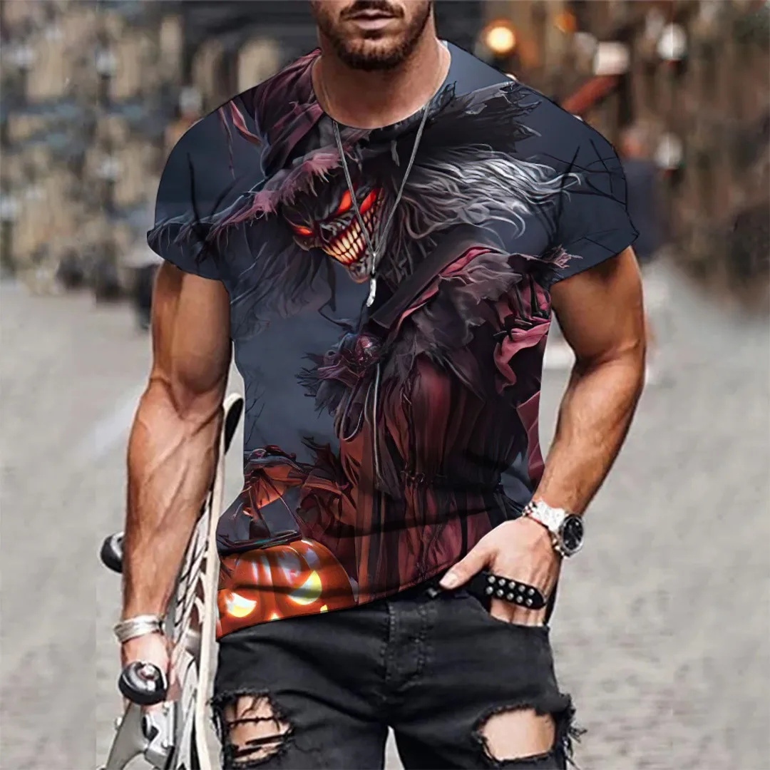 Мужская футболка с коротким рукавом в готическом стиле ужасов на Хэллоуин, 3D винтажная крутая футболка с рисунком черепа и круглым вырезом, удобные футболки в стиле хип-хоп для улицы