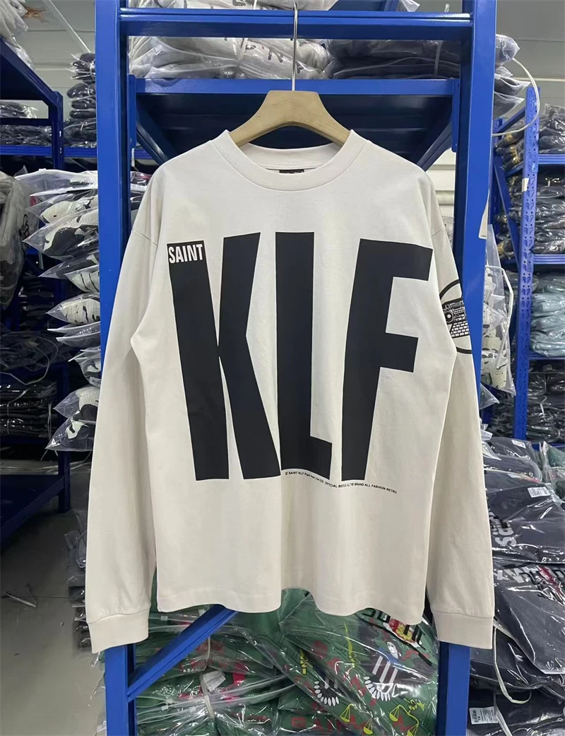 

Осень-зима Saint Klf с буквенным принтом, винтажная уличная футболка с длинными рукавами, повседневная свободная футболка из чистого хлопка с круглым вырезом, оверсайз