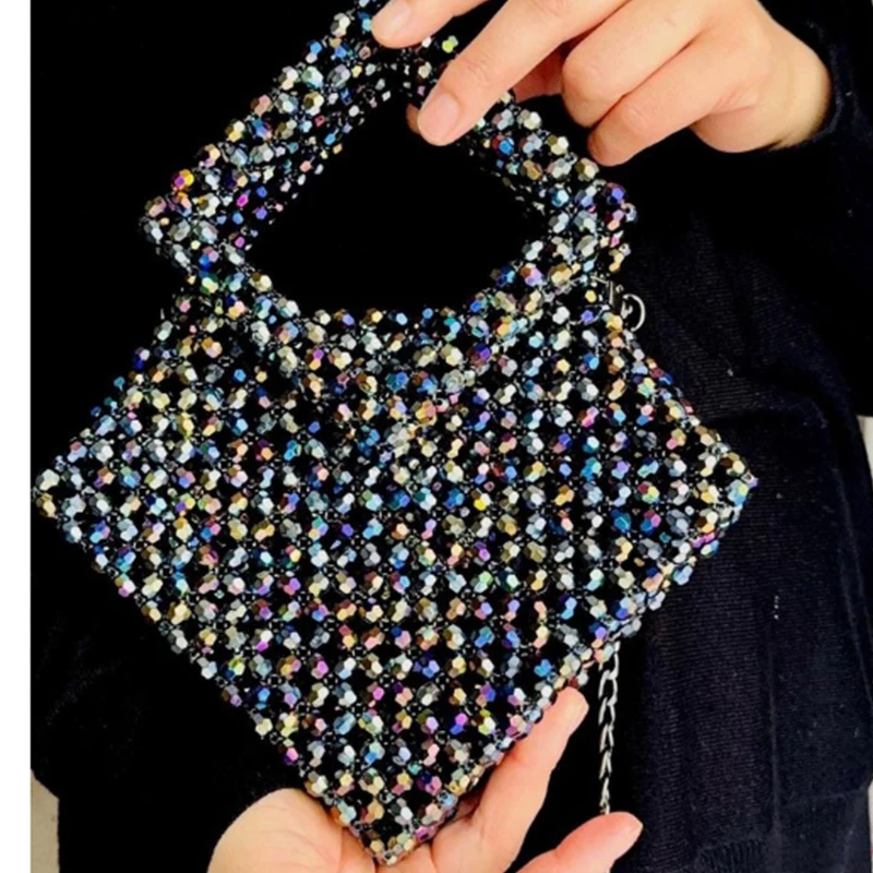 Mixed Color Shiny Crystal Chain Crossbody Bag New Women's Bags Bead Production Diamond Shaped Handbag High-end Banquet Party