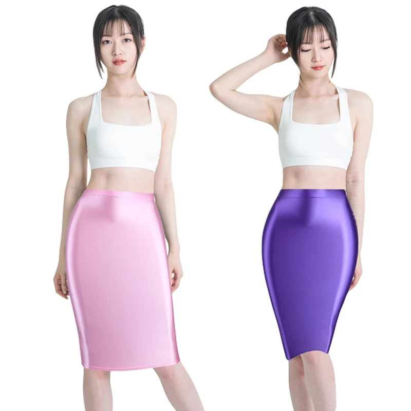 

Sexy women Satin Glossy Skirt Hip Wrap One Step Skirt Elastic Shiny Smooth Short Skirt Over Knee Half Body Skirt MEN