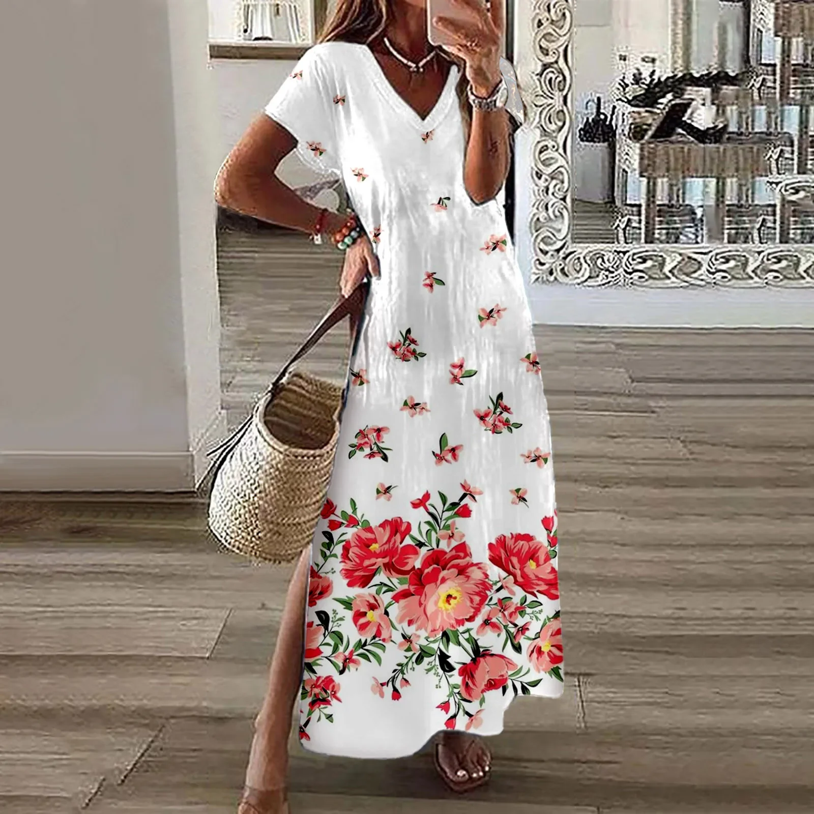 

Summer Women Vintage Casual Spaghetti Strap Maxi Dress Bohemia Printed V Neck A-line Long Dresses Beach Sling Sundress Vestidos