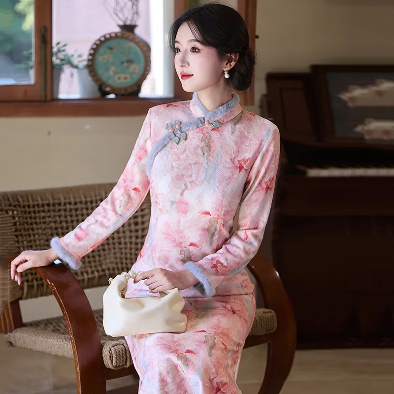 

Yourqipao зимнее розовое Cheongsam на флисовой подкладке с длинными рукавами, элегантное ретро-вечернее платье в традиционном китайском стиле для женщин, вечерние