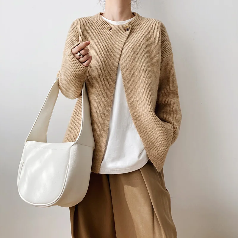 

Long Sleeve Cardigan Women Autumn Winter Knitted Sweater Korean Vintage Open Stitch Solid Casual Streetwear O Neck Two Button