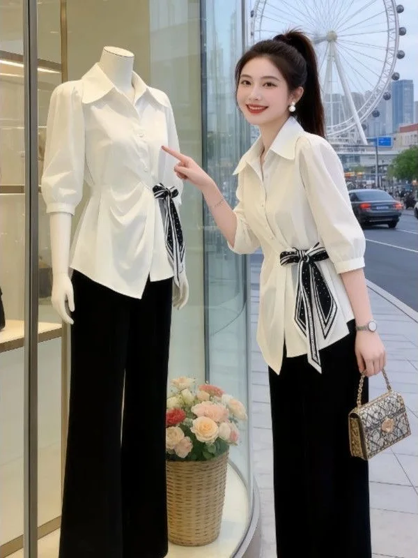 

Женская рубашка-пуловер с эффектом похудения, с поясом на талии, рукавом 3/4, для полных женщин (размеры plus size), для повседневной носки