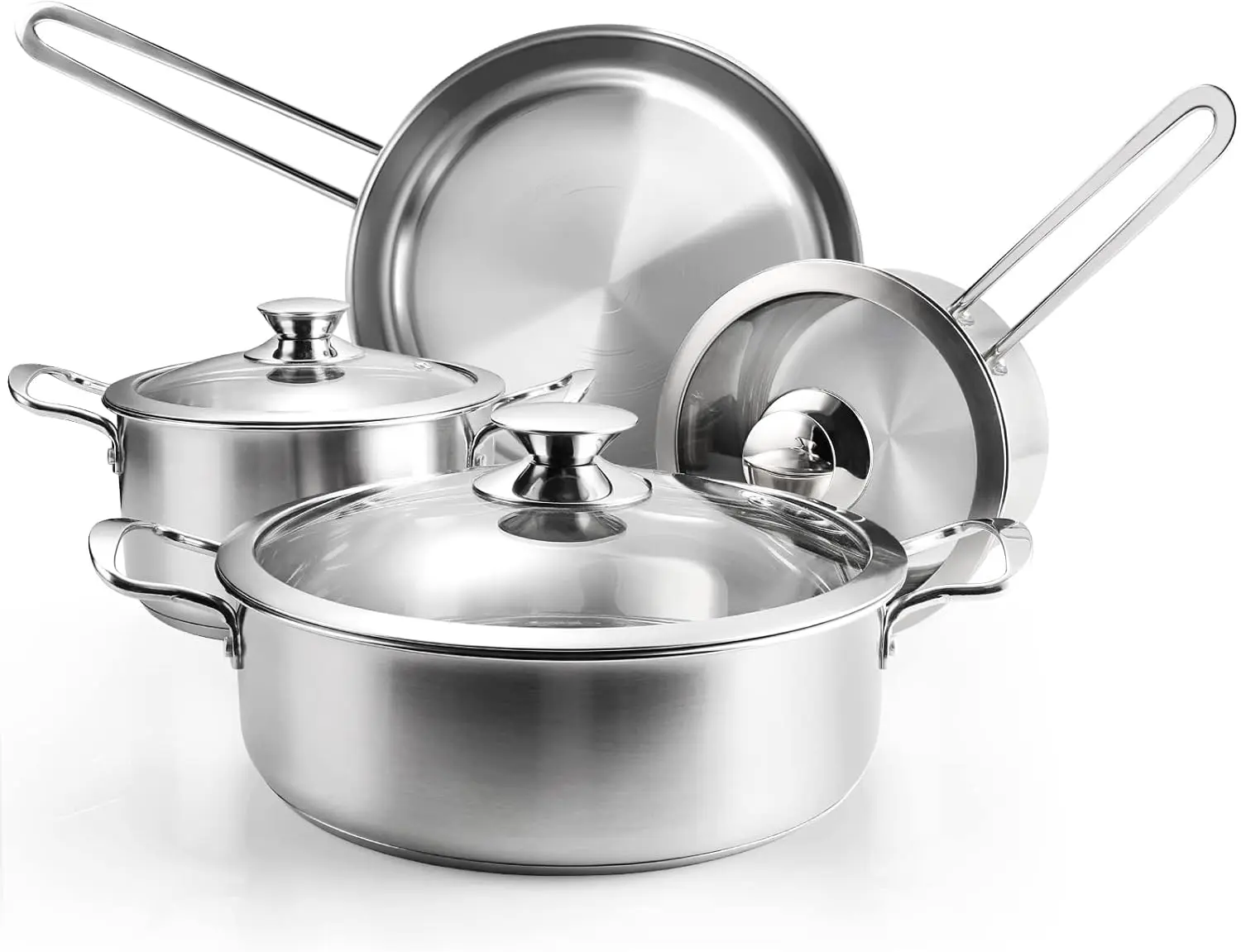 

7-Piece Stainless Steel Cookware Set with Glass Lids, Induction Compatible, Oven & Dishwasher Safe