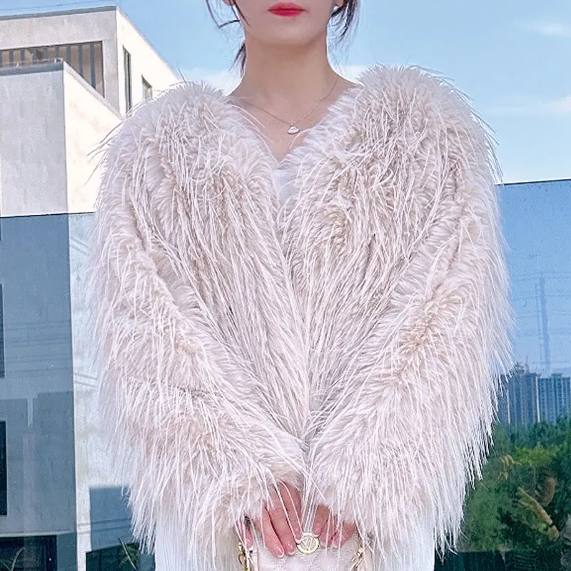 2024 Autumn Winter High-Density Imitation Raccoon Fur Double-Sided Braided Fur Female Coat Fur One Short Coat V-Neck Thickened