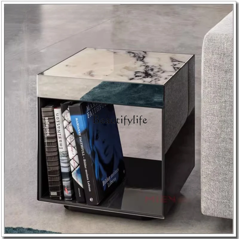 Table de luxe légère en marbre et acier inoxydable, table basse carrée pour salon, couleur acier titane noir