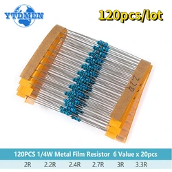 120pcs 1/4W 1% Metal Film Resistance Car Airbag Repair Resistor 2ohm 2.2ohm 2.4ohm 2.7ohm 3ohm 3.3ohm 6 Types Resistor Kit 0.25W