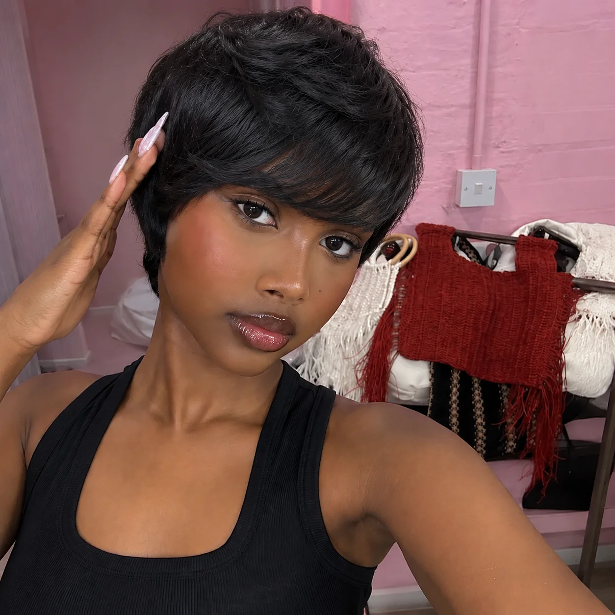 Women’s Short Pixie Cut Wig With Bangs Full Machine Made Layered Straight Human Hair Wig Skin Friendly For Daily Routine