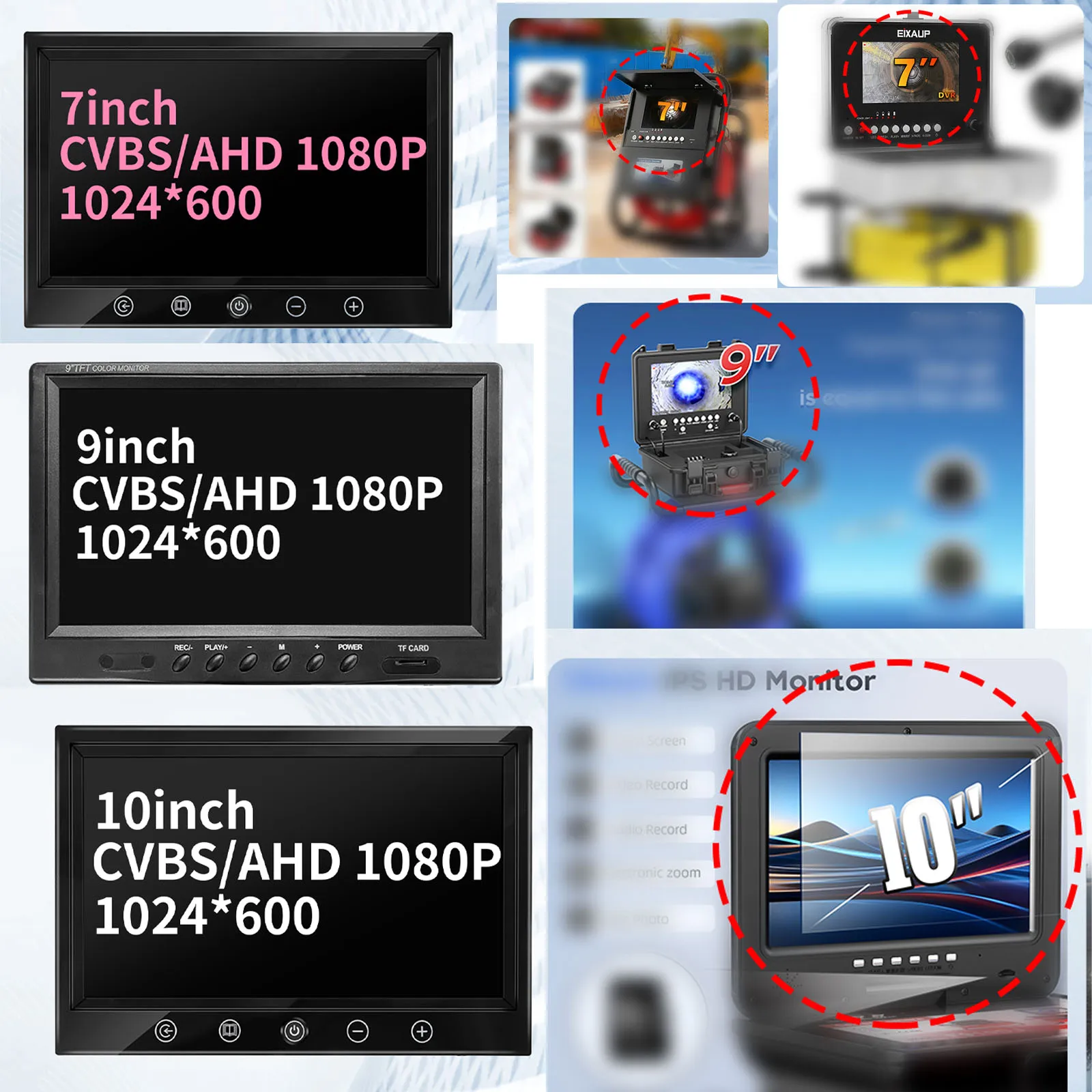 Monitor per endoscopio compatibile con AHD/CVBS - Display HD da 10,1 pollici, design portatile per telecamere di ispezione di tubazioni/fognature.