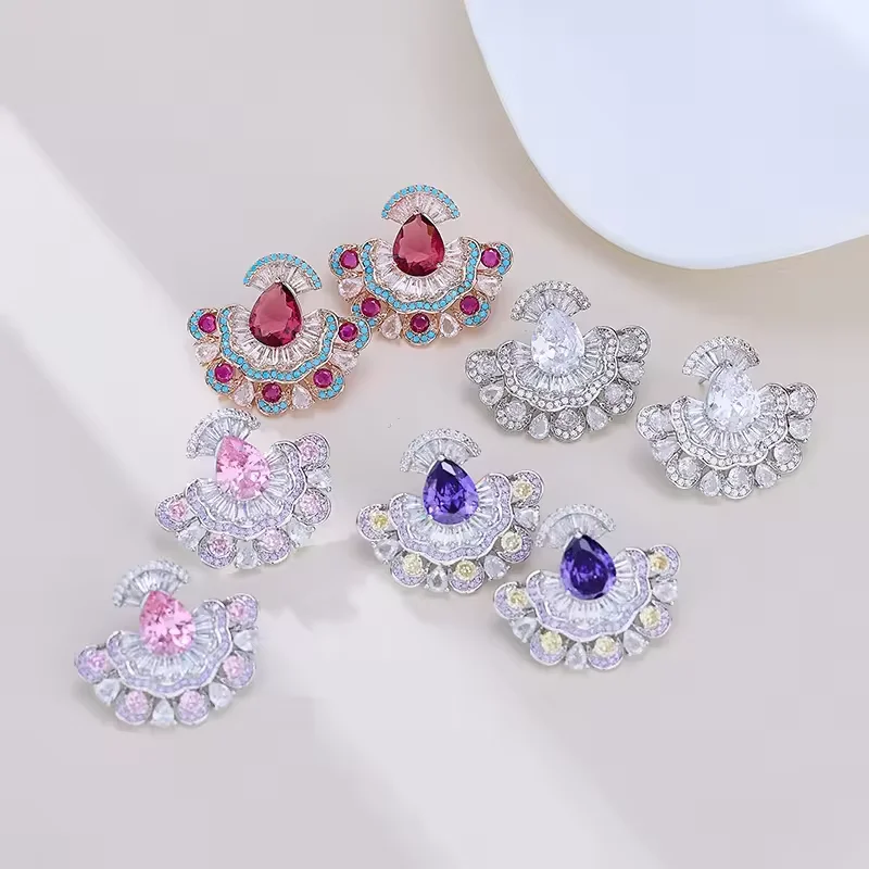 

New zircon-paved fan-shaped skirt earrings with colorful gemstones S925 silver needles light luxury evening dress jewelry gifts