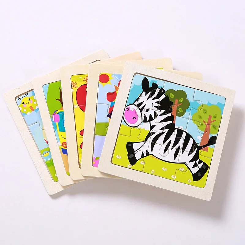 Mini Maat 11*11 CM Kinderen Speelgoed Houten Puzzel Houten 3D Puzzel voor Kinderen Baby Cartoon Dier/Verkeer Puzzels Educatief Speelgoed