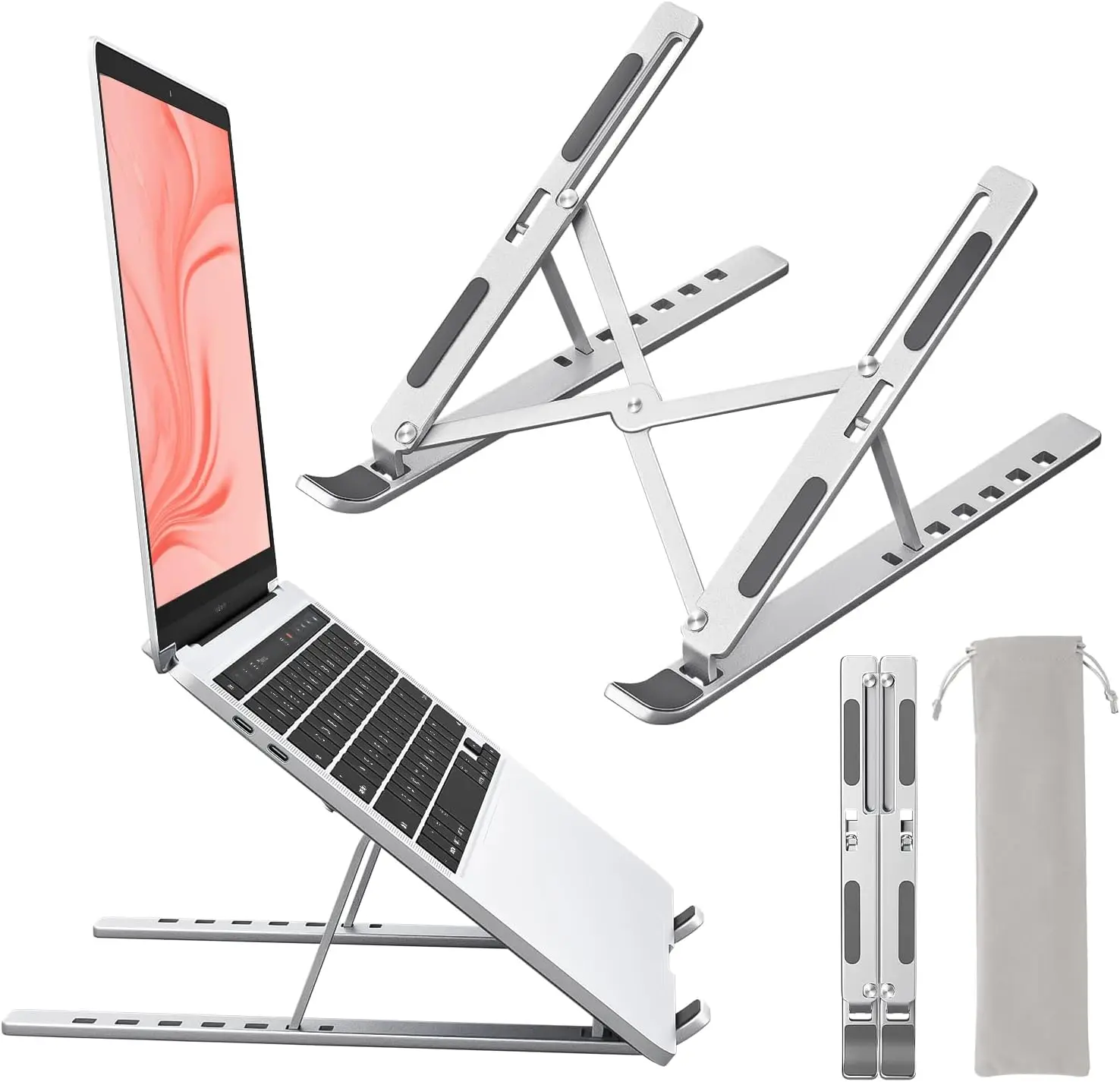 Sturdy Aluminum Laptop Stand, Double M Structure & Anti-Slip Silicone, Foldable to 1.7 Inch, Compatible with 7-15.6 Inch Devices