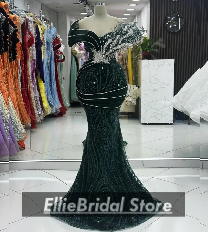 

Темно-зеленые вечерние платья для девочек в африканском стиле, роскошное элегантное платье русалки с кристаллами и бисером для свадебной вечеринки, Vestidos De Gala по индивидуальному заказу