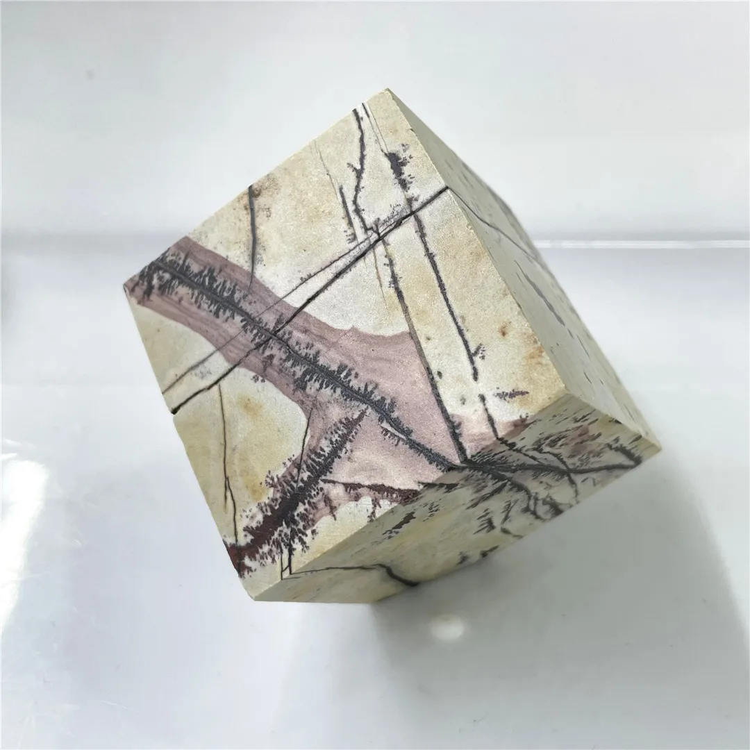 Chinese Painting Stone Grass Flower Stone Scenery Crystal Natural Heptahedron Cube Desk Ornament Furnish And Decor Room Design