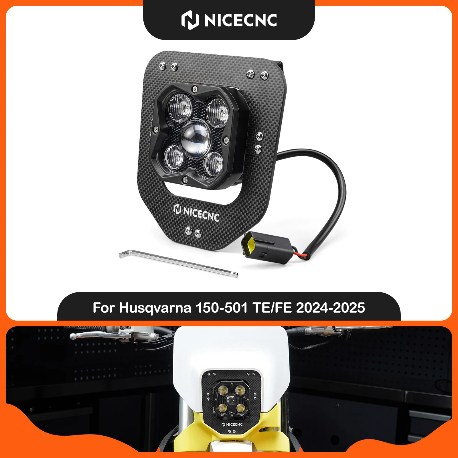  NICECNC For Husqvarna TE 300 2024 2025 Motorcycle Carbon Fiber LED Headlight Adjustable Headlamp TE 250 FE 350 FE 450 FE 501