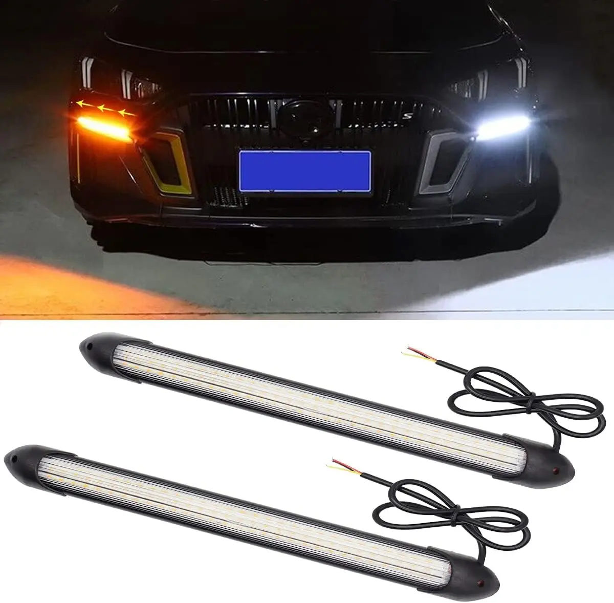 

Car LED Lights, 2Pcs Flexible Daytime Running Light Strip Waterproof Headlight Sequential White Turn Signal Yellow Led Light, 9