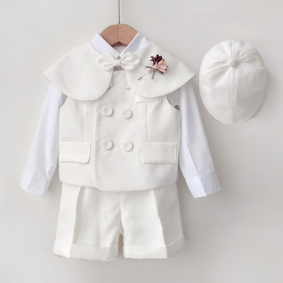 Kid Clothing Set 9 Month-4 Y Birthday Dress Boy Girl Costume White Fashion Suit Gentleman Shawl Vest Shorts With straps Hat 5PCS