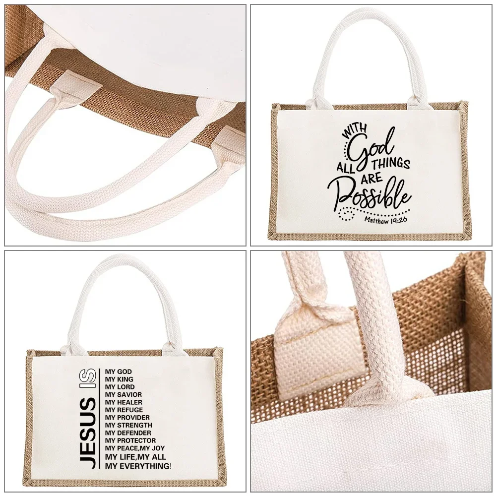 Vintage Jute Bag Reusable Burlap Shopping Bag Lightweight Beach Handbags Print Jesus Series High Capacity Grocery Bags