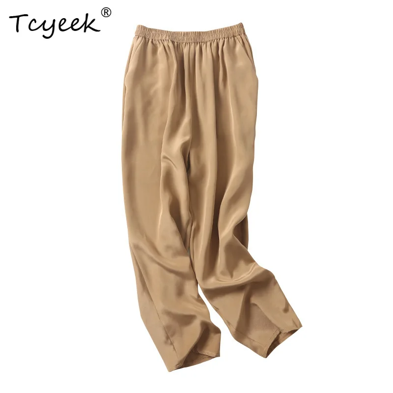 

Tcyeek, 26-30MM Natural Silk Satin Straight Pants, Women Elastic Waisted, Loose Casual Retro Trouser, 2024 Autumn New B48430QM
