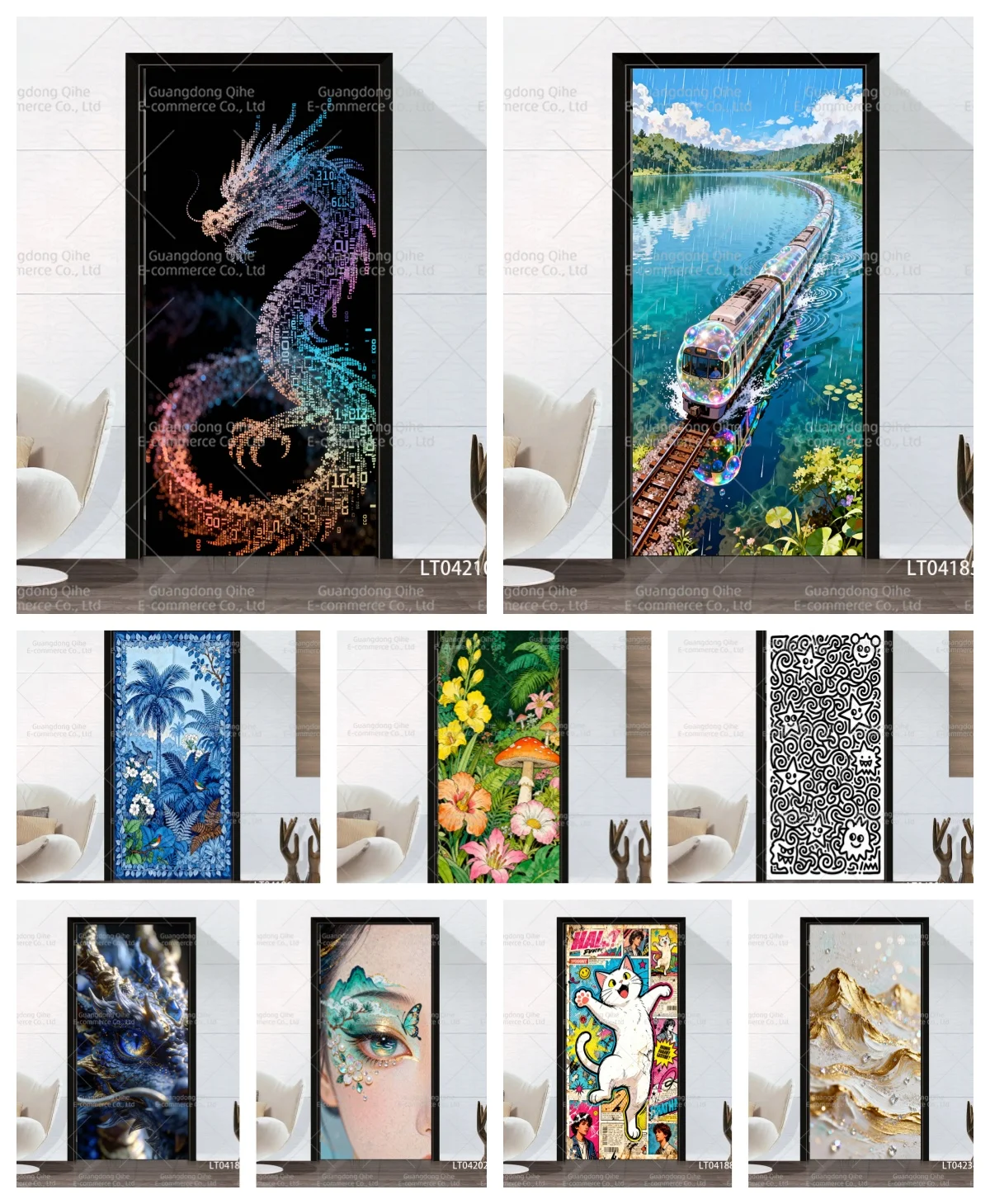 Fantasy Dragon Door Stickers, Peel & Stick PVC Removable Waterproof Door Wrap Mural, Landscape Floral Cartoon Home Wall Decor