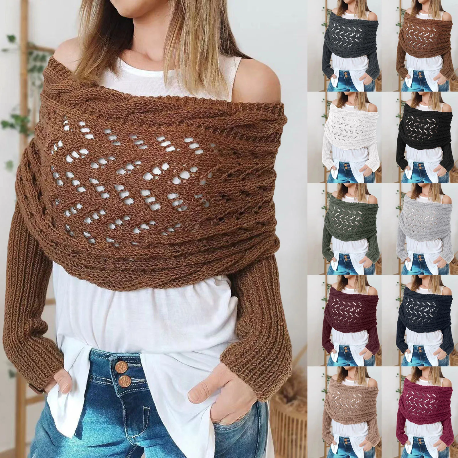 Women'S Autumn Winter Sweater Solid Color Multifunctional Shawl With Sleeves Knitted Keep Warm Sweaters Off Shoulder Pullovers