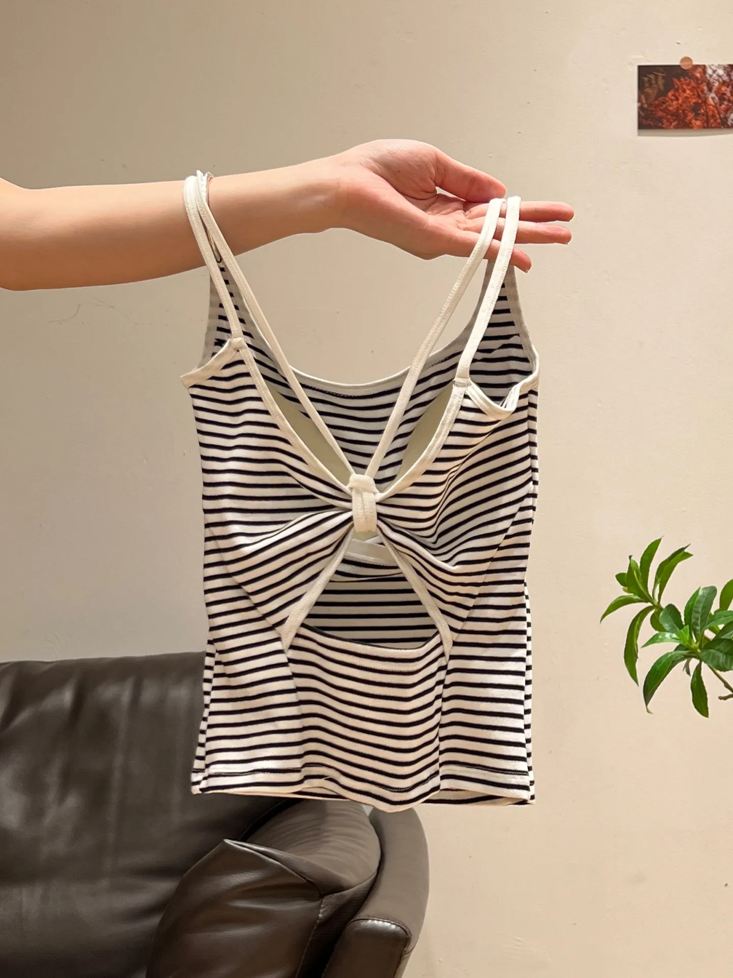 2026 Summer Striped Halter Cami Women Sleeveless Built-in Bra Backless Slim Y2K Top