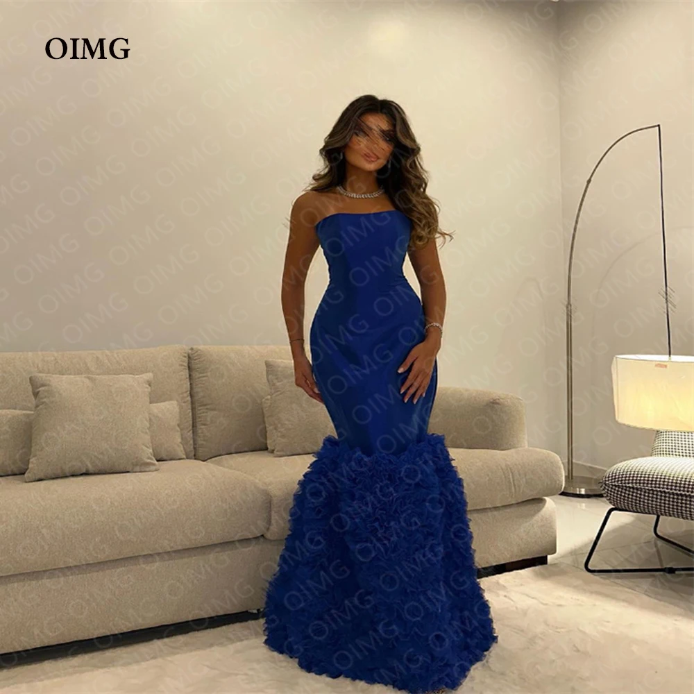 

OIMG Blue Tulle Tiered Satin Mermaid Formal Party Dresses Strapless Long Dubai Evening Gowns Night Club Dress Robe de soiree