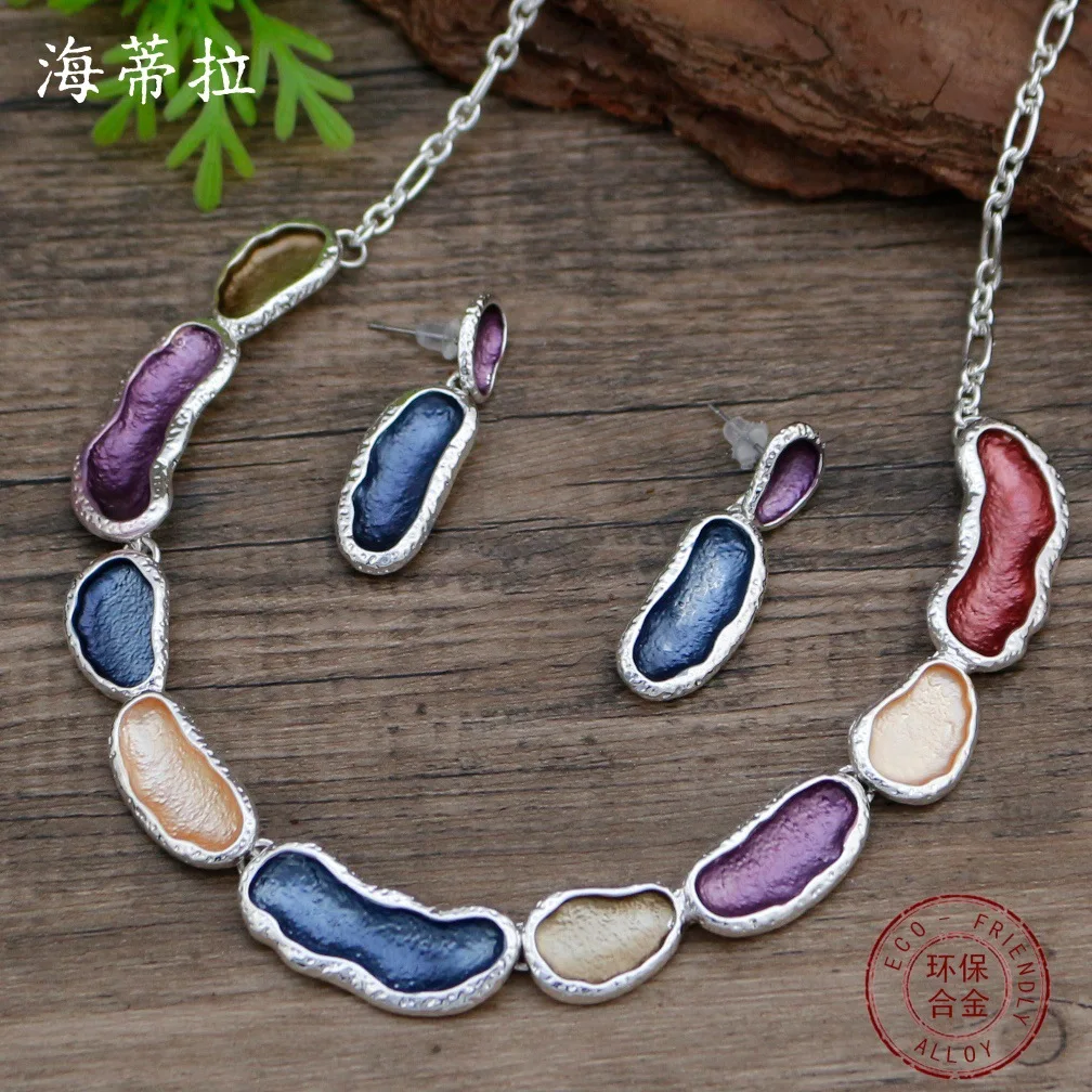 Jewelry DIY accessories new enamel color geometric petal stud earrings necklace set women's fashion versatile flower stud earrin