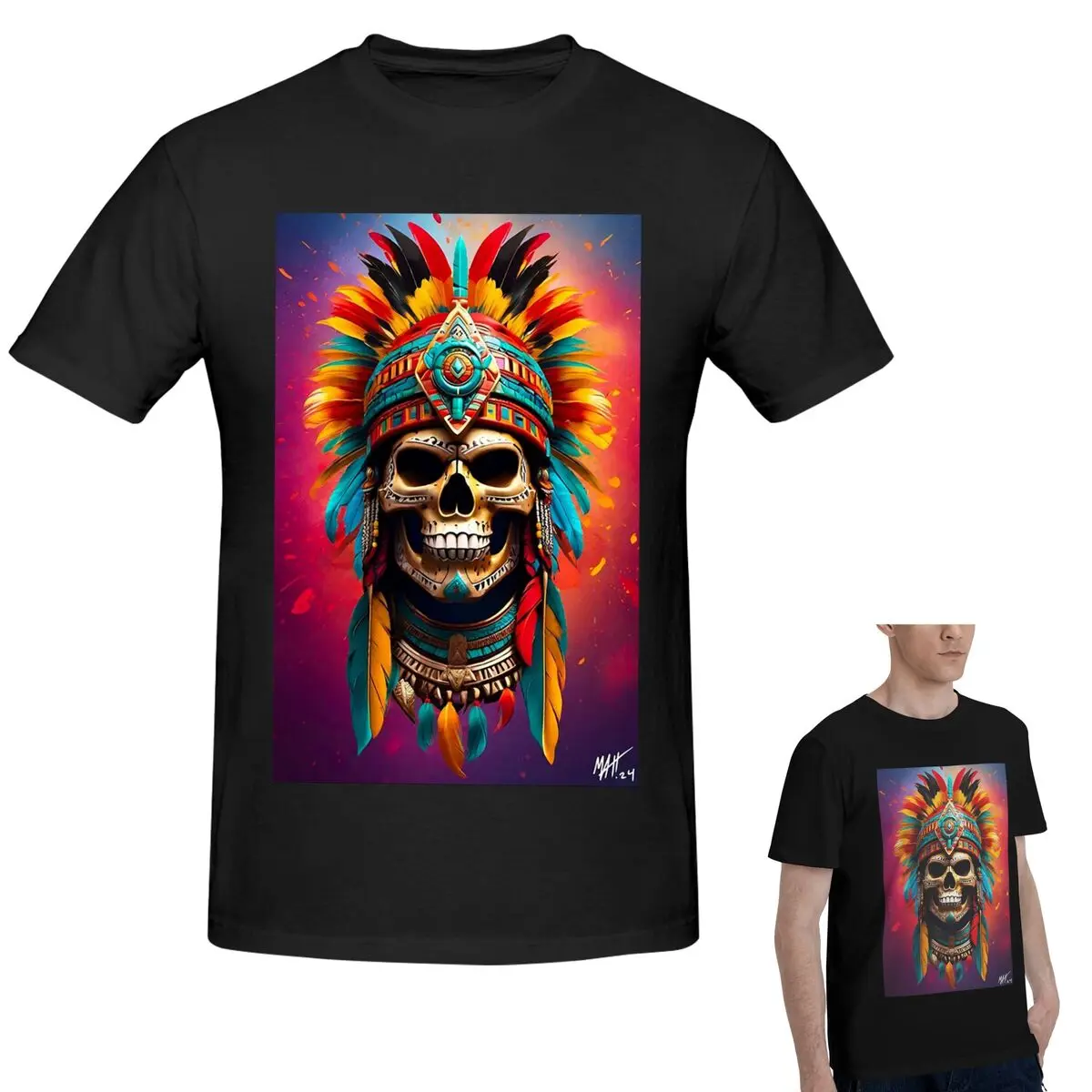 

100% Cotton Aztec Skull7 T-Shirt Men's Funny Oversized T Shirt Men O-Neck Summer Shirts Tops S-6XL