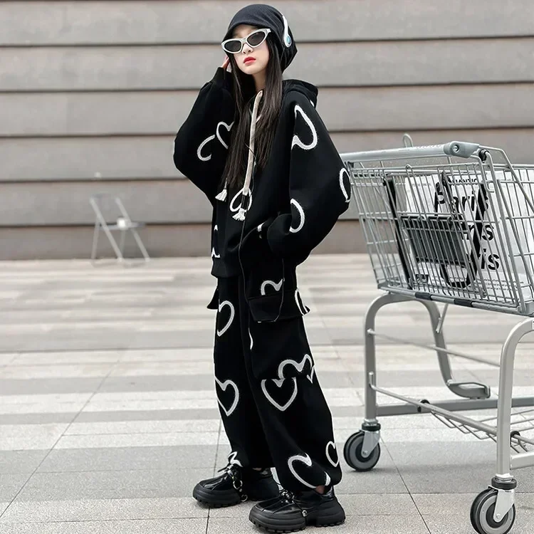 Girls Spring and Autumn Sets 2024 New Korean Children Printed Loose Hoodie Casual Work Long Pants Two Piece Set