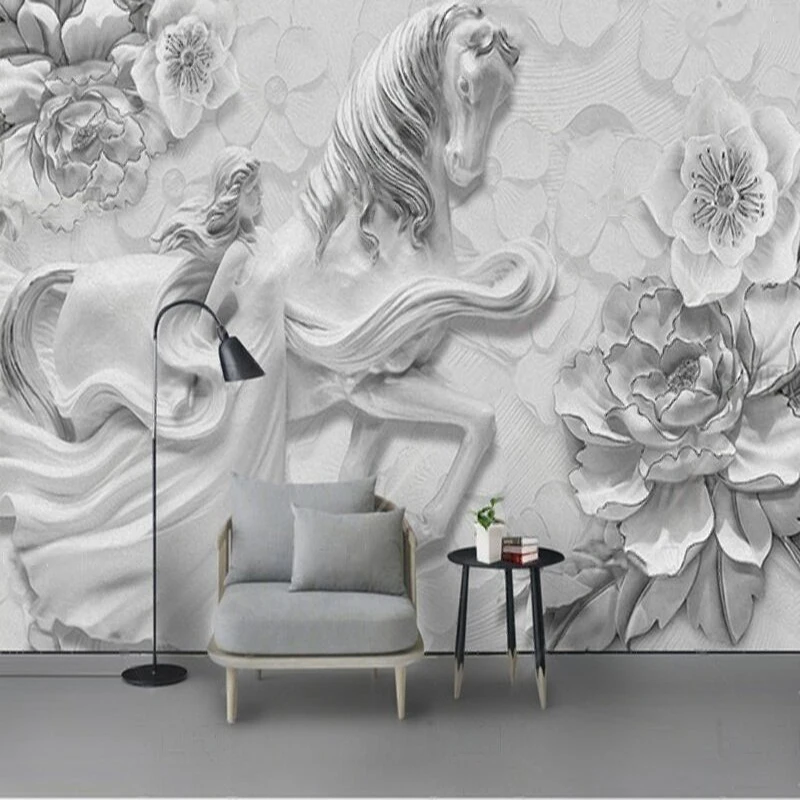 MU9191 Chinese-style 3d Nordic relief girl horse flower pattern home decoration TV bedroom background decorative painting paper