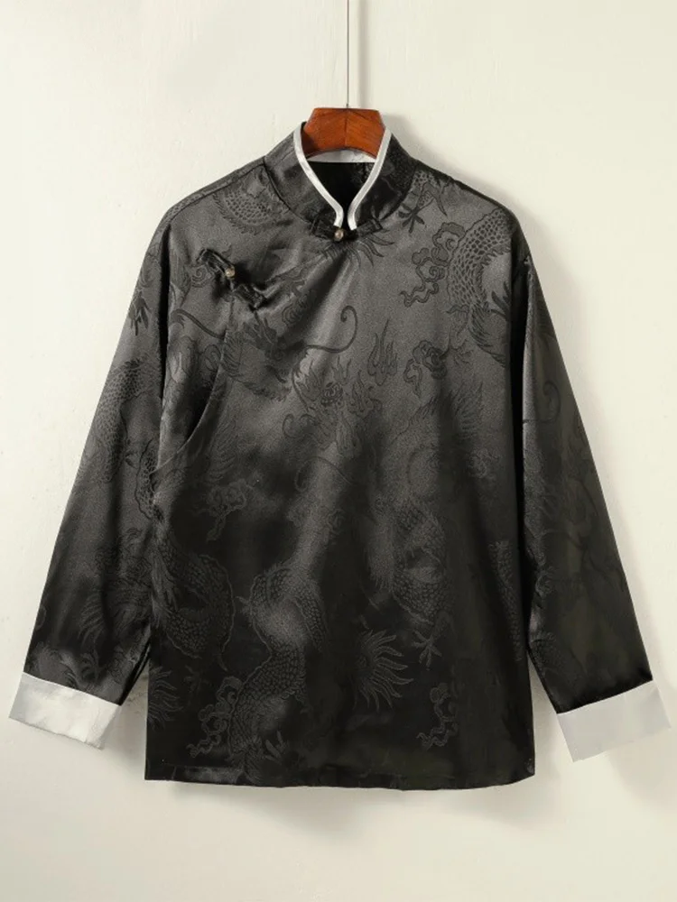 

Ele Silk Satin Men's Spring Jaet New Chinese Sle Hanfu Taoist Robe Loose Fit Ice Silk Coat Youthful Trendy Long Sve